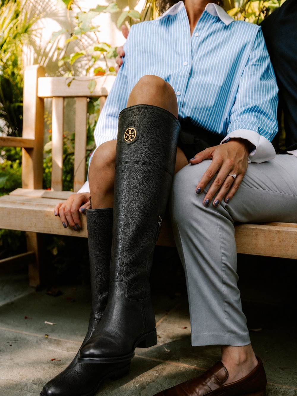 Tory Burch Black Tumbled Leather Pull On Junction Equestrian Riding Boots Gold 8